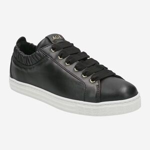 New AGL Suzie Elasticated Opening Sneakers Black Leather Lace Up Sz 36.5